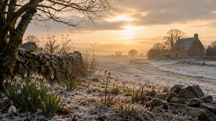paysage hivernal au lever du soleil évoquant Imbolc et le retour de la lumière