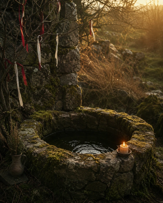 puits sacré de Brigid avec bougie et rubans évoquant les traditions d’Imbolc
