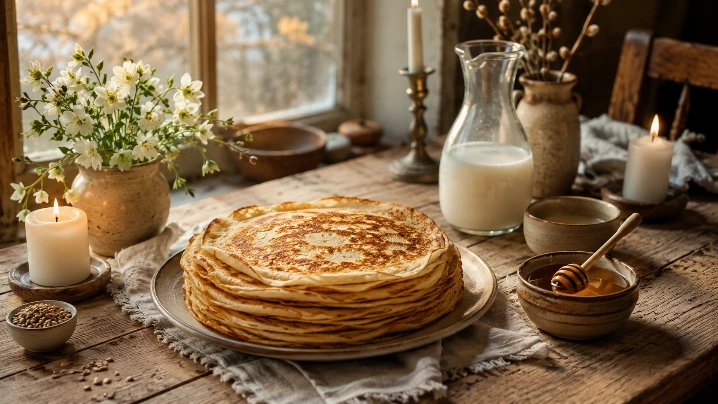 crêpes dorées bougies miel et graines pour célébrer Imbolc et la Chandeleur