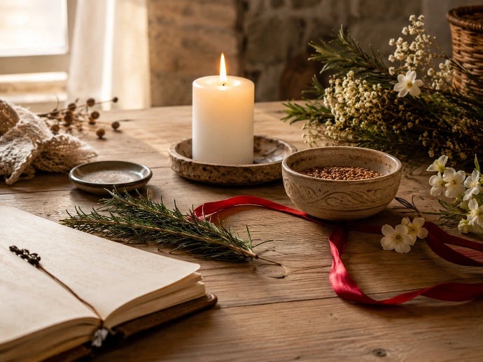 rituel d’Imbolc avec bougie graines ruban rouge et romarin