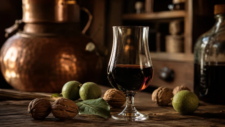 verre de liqueur de noix artisanale sombre avec noix vertes et reflets acajou