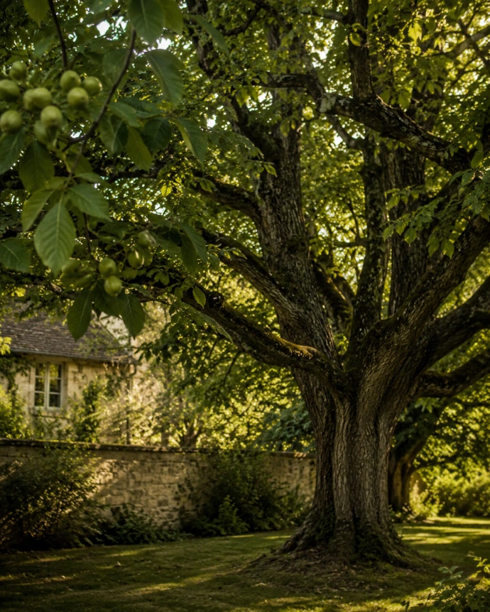 noyer familial avec noix vertes dans un jardin ancien