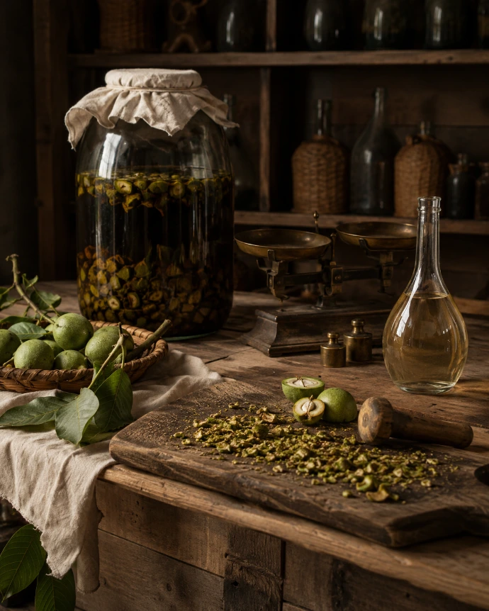 atelier de liquoriste avec noix vertes broyées et bocal de macération