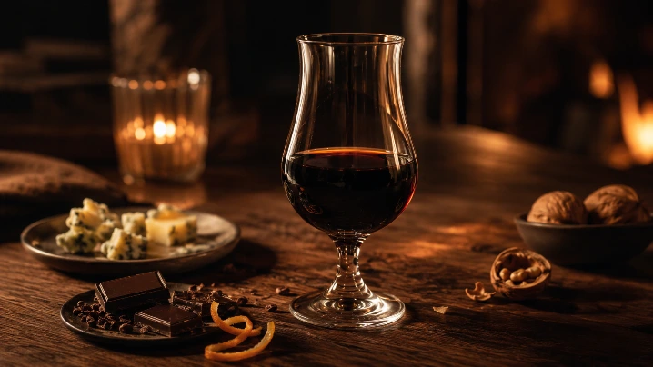 dégustation de liqueur de noix avec chocolat noir fromage bleu et verre tulipe