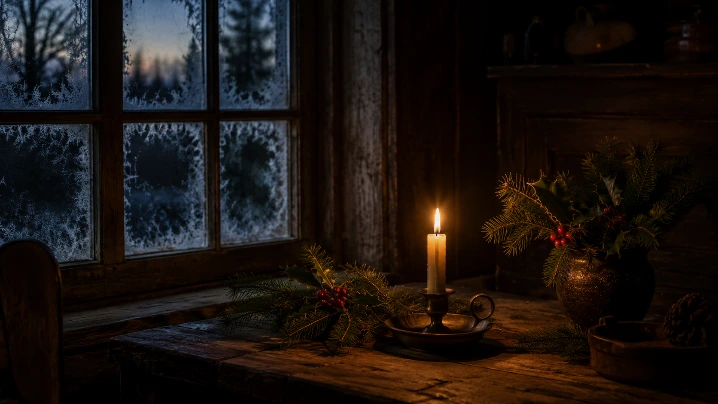 bougie allumée dans un intérieur hivernal pour célébrer Yule et le solstice d’hiver