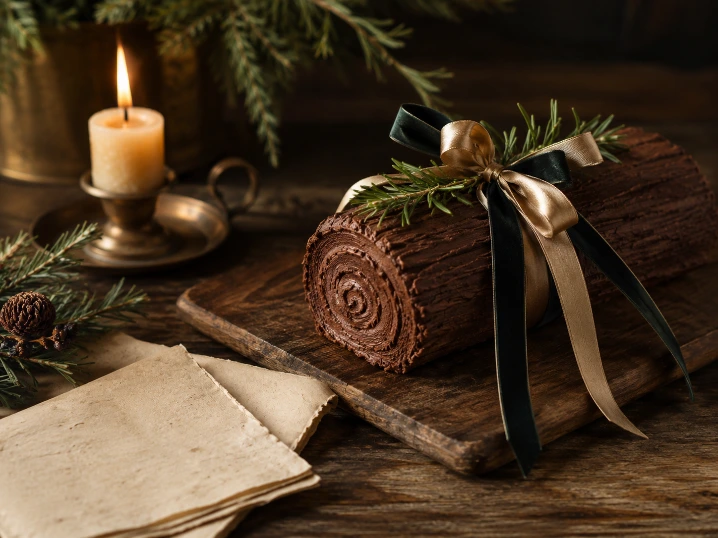 bûche de Yule des intentions avec rubans et branche de conifère