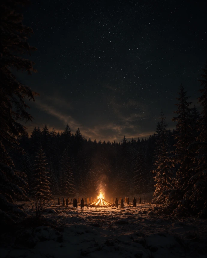 feu de solstice dans une clairière hivernale évoquant la veillée de Yule