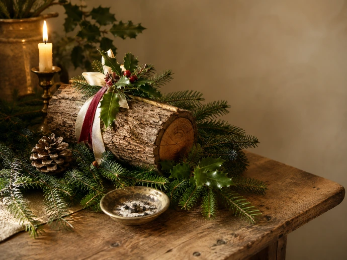 symboles de Yule avec bûche conifères bougie houx et cendres