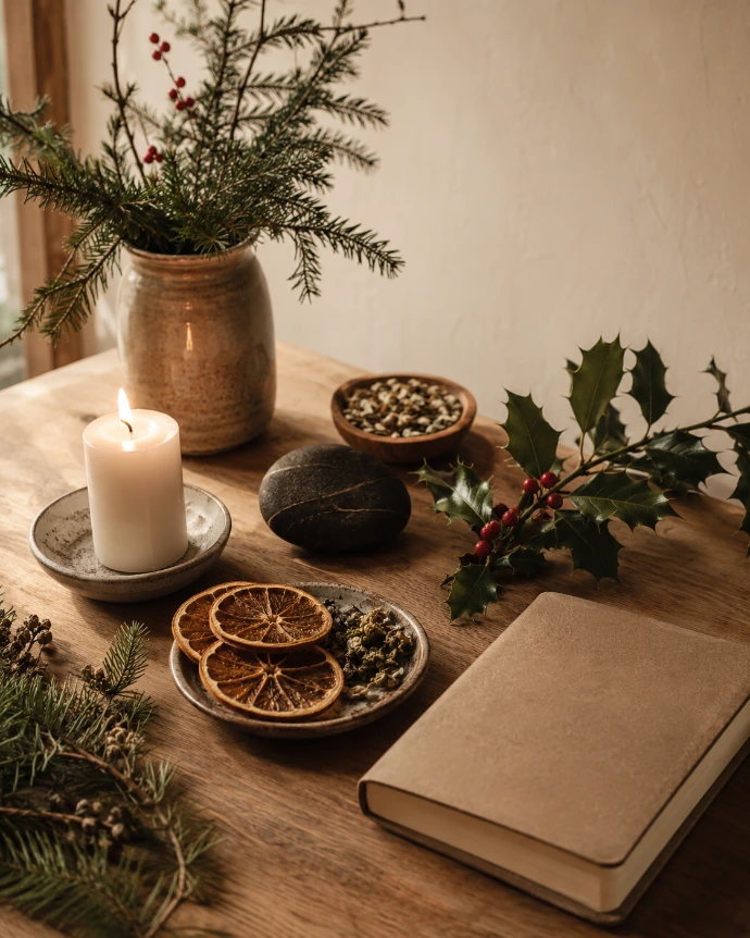 autel hivernal de Yule avec bougie sapin houx pierre sombre et graines