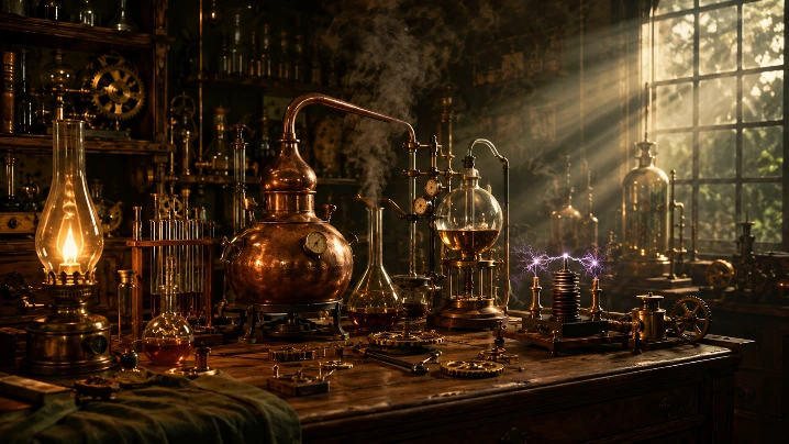 laboratoire d’alchimie steampunk avec cornues cuivre vapeur et lumière ambrée