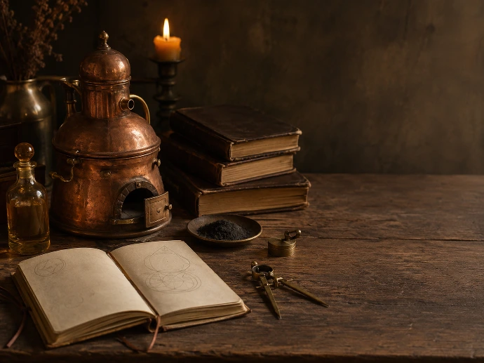 athanor et symboles alchimiques sur une table de laboratoire ancien