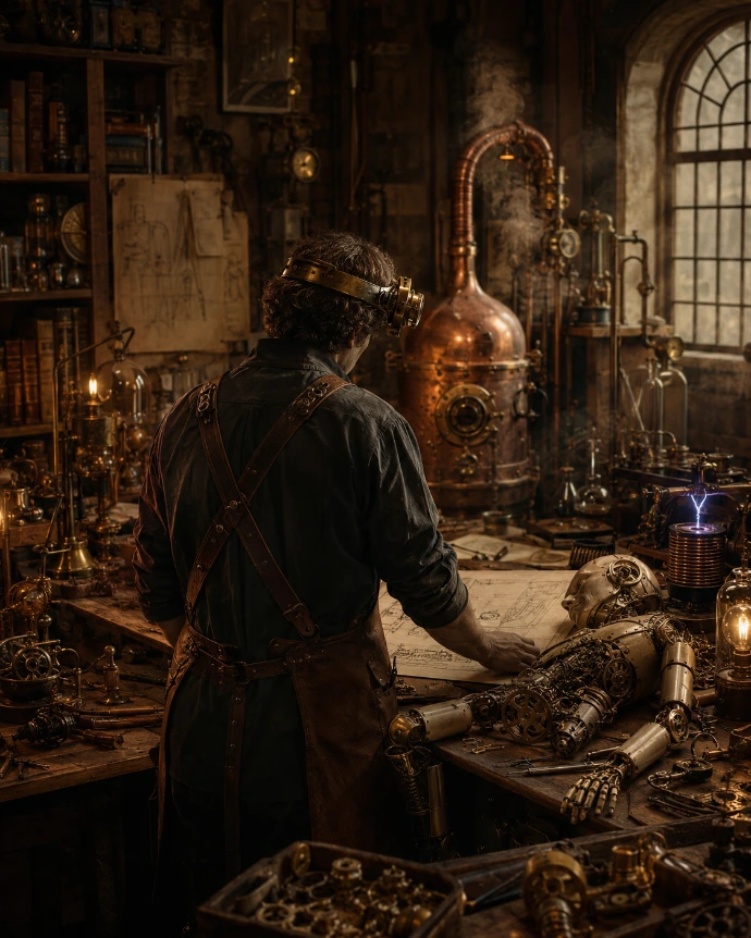 alchimiste ingénieur steampunk dans un atelier de cuivre et d’engrenages