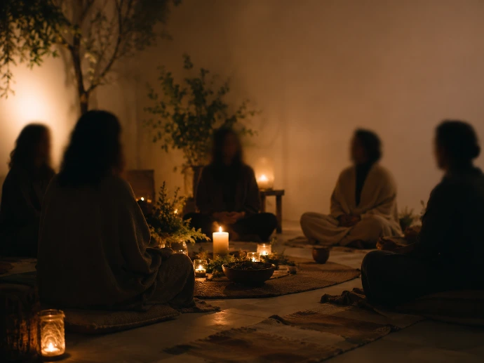 cercle d’écoute mystique avec bougies herbes et atmosphère de silence partagé