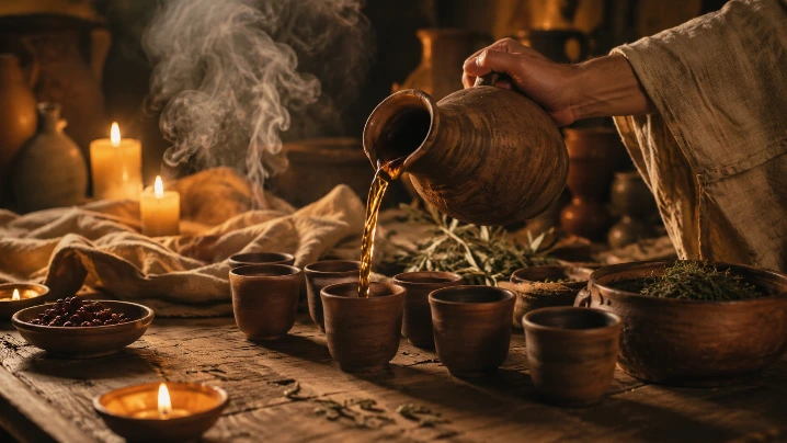 coupe de breuvage ambré versée à la bougie pour évoquer un symposium mystique