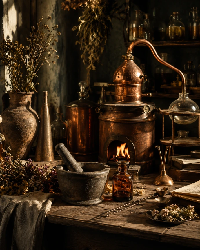athanor et alambic en cuivre illustrant l’alchimie comme science intérieure du changement