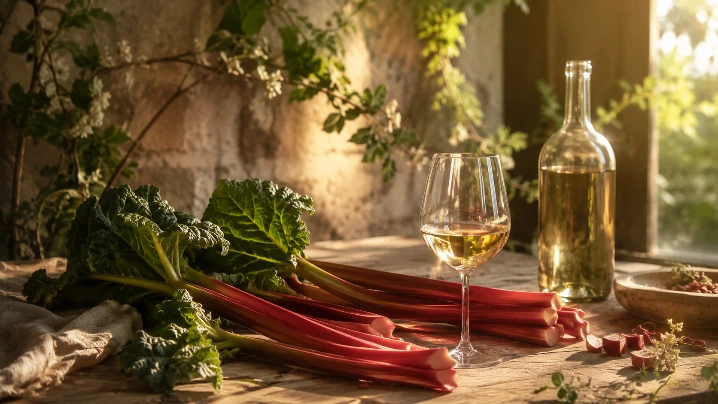 vin blanc à la rhubarbe avec tiges fraîches sur table artisanale