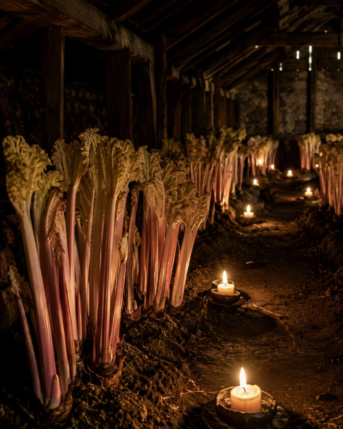 rhubarbe forcée dans l’obscurité récoltée à la lumière des bougies