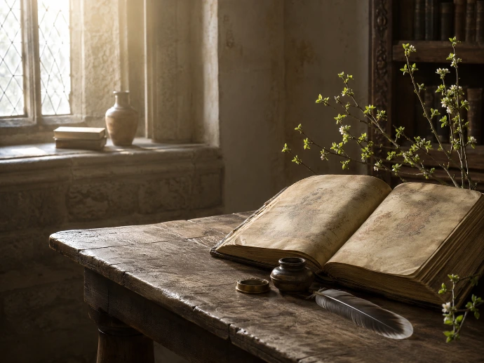 manuscrit ancien et lumière d’aube évoquant Eostre et les origines d’Ostara