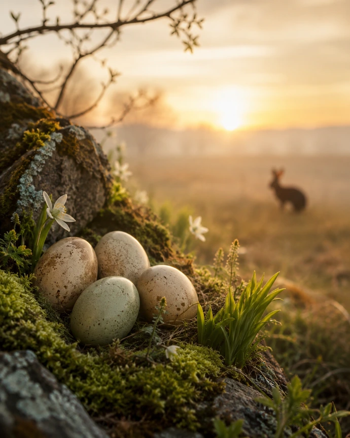 œufs artisanaux et lièvre dans un décor naturel de printemps