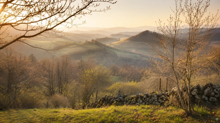 paysage d’aube printanière évoquant Ostara et l’équinoxe de printemps