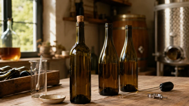  bouteilles de vin en atelier artisanal évoquant une refermentation imprévue