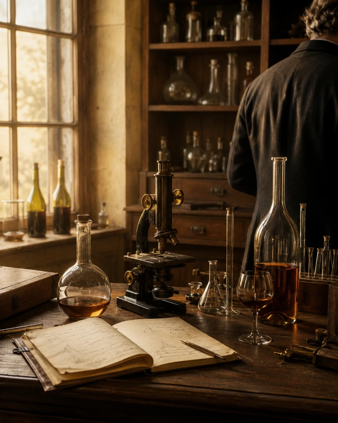 microscope ancien et flacons de vin évoquant Louis Pasteur et la pasteurisation