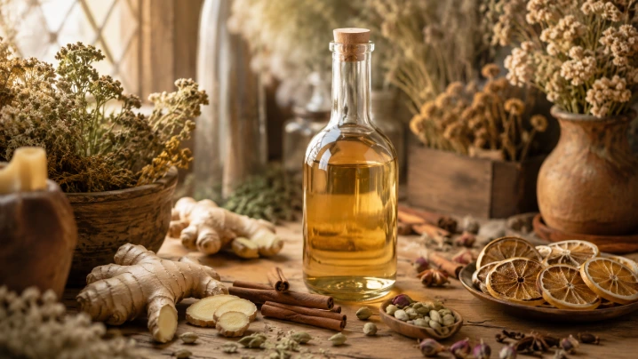 bouteille d’hypocras blanc aux épices sur table d’atelier artisanale