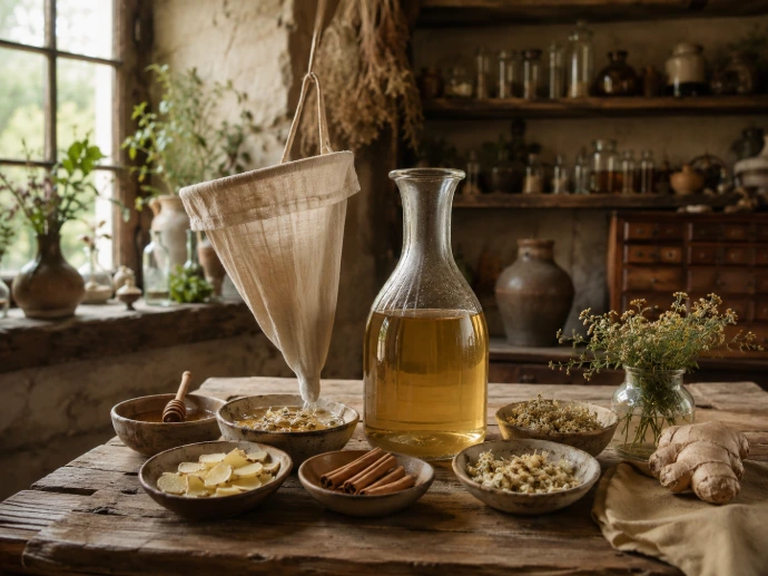 atelier médiéval avec vin blanc épicé miel et filtre pour hypocras