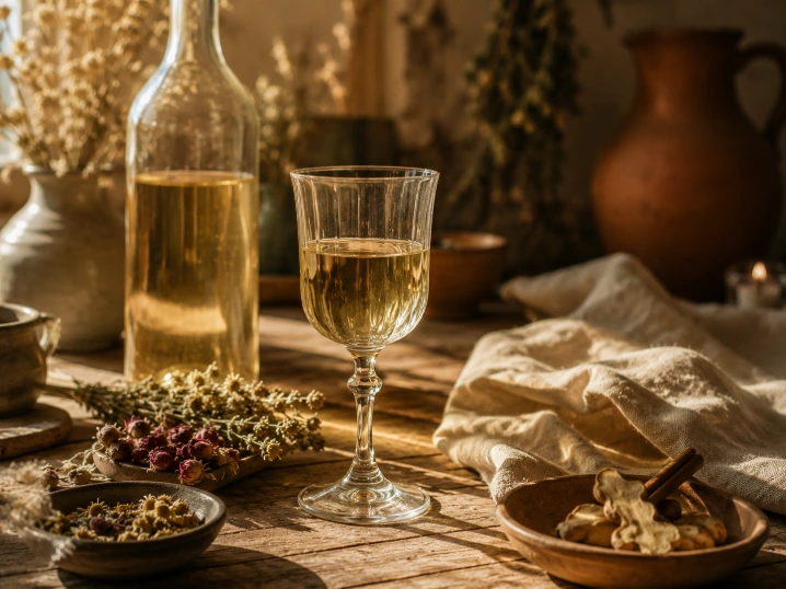  verre d’hypocras blanc doré dans une ambiance douce et lumineuse
