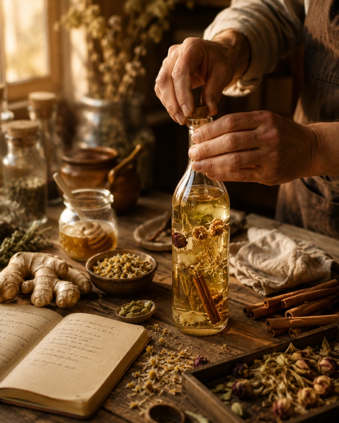 infusion artisanale d’hypocras blanc avec gingembre cannelle et cardamome