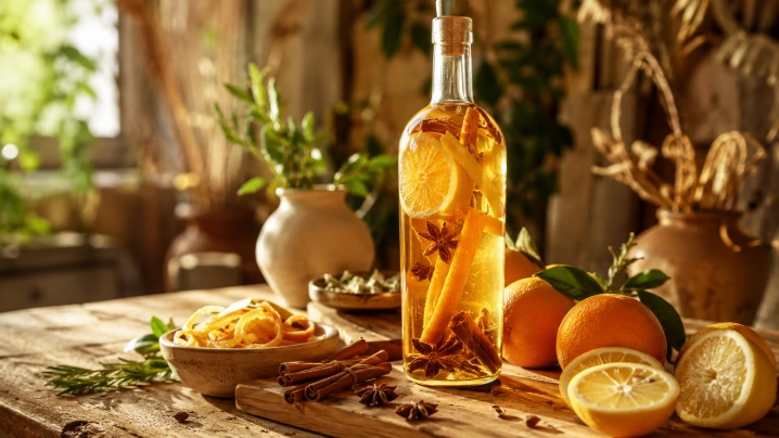 bouteille de Vin des Hespérides aux agrumes et épices sur table artisanale