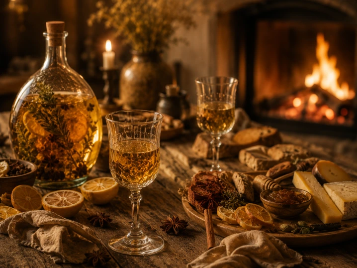 verres de Vin des Hespérides servis avec agrumes fromages et pain d’épices
