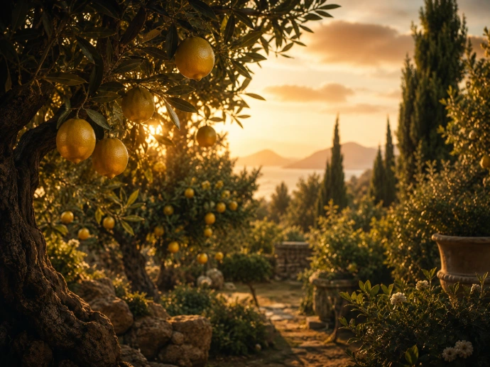 jardin mythologique des Hespérides avec fruits dorés et lumière solaire