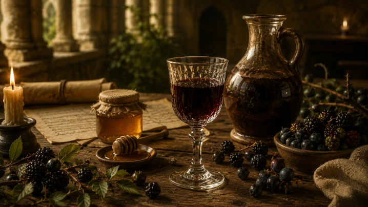 verre de Mauretum vin médiéval aux mûres et au miel sur table monastique