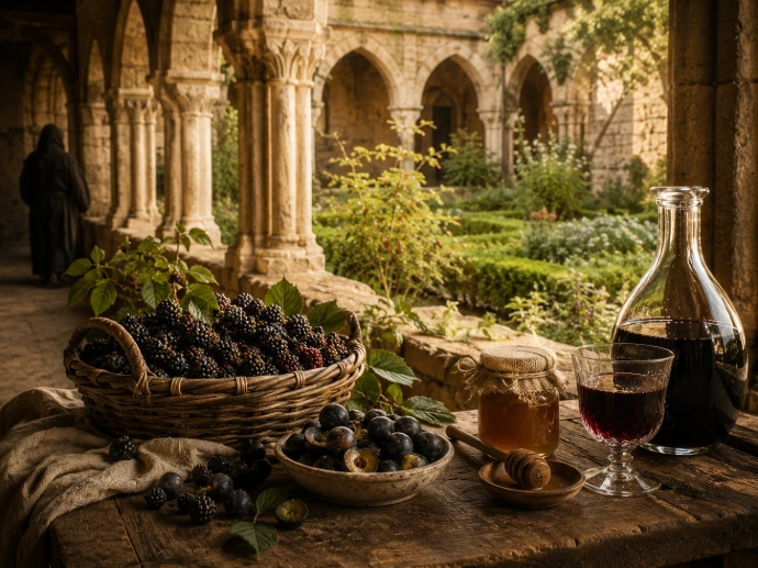 cloître médiéval avec fruits sauvages miel et vin rouge pour le Mauretum