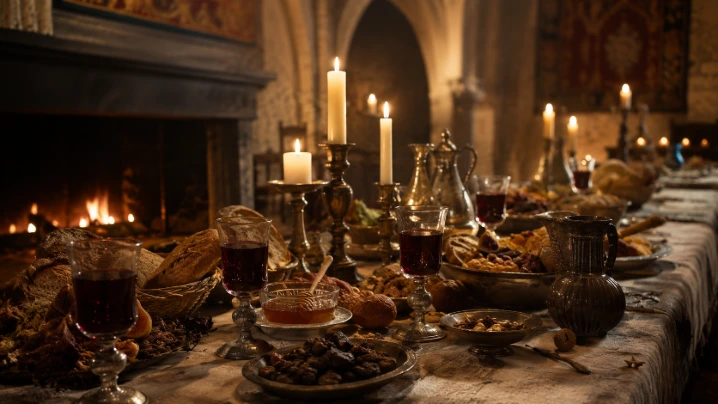 banquet médiéval aux chandelles avec coupes d’hypocras vin épicé royal