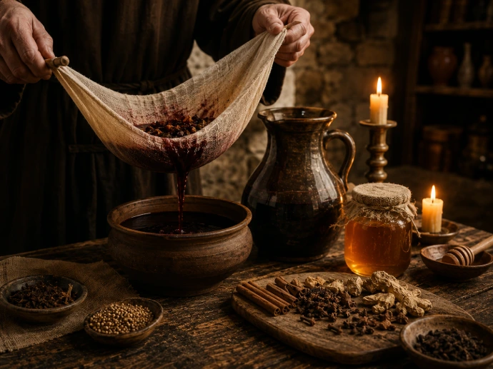 filtration d’un vin épicé médiéval à travers un tissu pour préparer l’hypocras