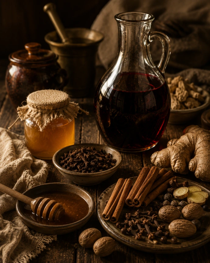 épices miel et vin rouge sombre pour la préparation artisanale de l’hypocras