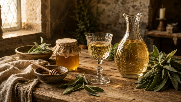 carafe de saugée vin blanc aromatisé à la sauge sur table rustique