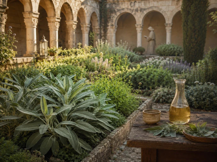 jardin monastique avec sauge fraîche et carafe de vin blanc aromatisé