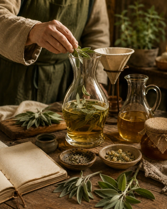 infusion artisanale de sauge fraîche dans un vin blanc pour préparer la saugée