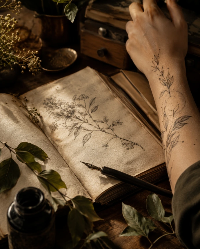  carnet ancien et peau tatouée évoquant le tatouage comme grimoire vivant