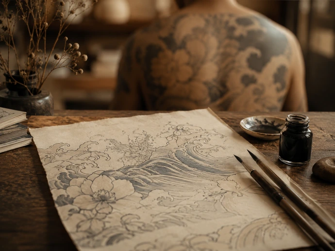 estampe et encre évoquant l’Irezumi japonais comme récit porté sur la peau