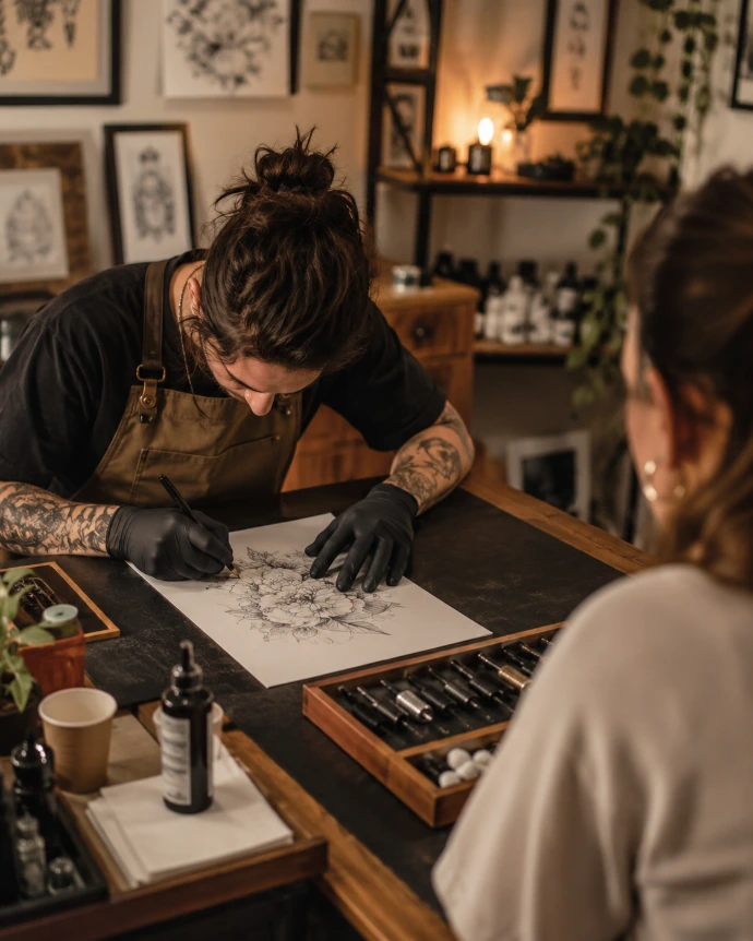 studio de tatouage sobre évoquant consentement confiance et préparation du geste
