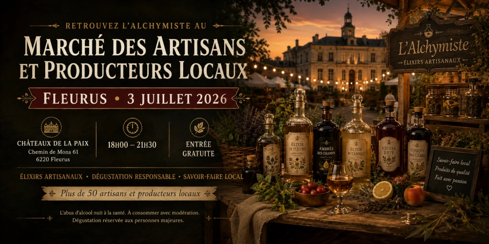 Stand L’Alchymiste au marché artisanal de Fleurus avec bouteilles artisanales, fruits, plantes et lumière chaude.