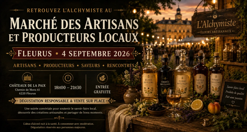 Créations artisanales de L’Alchymiste présentées au marché des producteurs de Fleurus dans une ambiance chaleureuse.