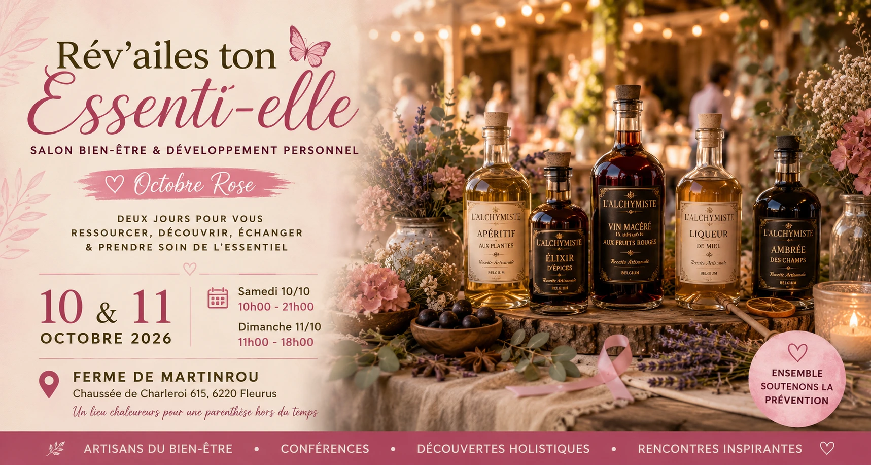 Stand de L'Alchymiste au salon bien-être Rév'ailes ton Essenti-elle à Fleurus dans une ambiance chaleureuse et artisanale.