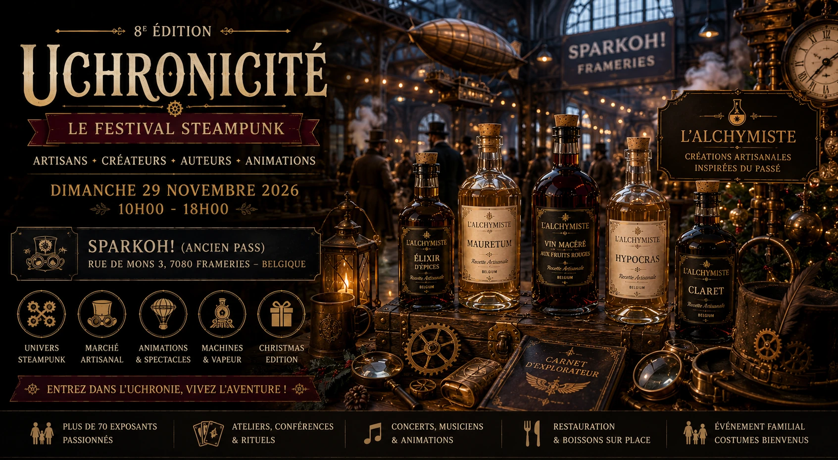 Stand L’Alchymiste à Uchronicité avec bouteilles artisanales, décor steampunk et ambiance de Noël rétro-futuriste.