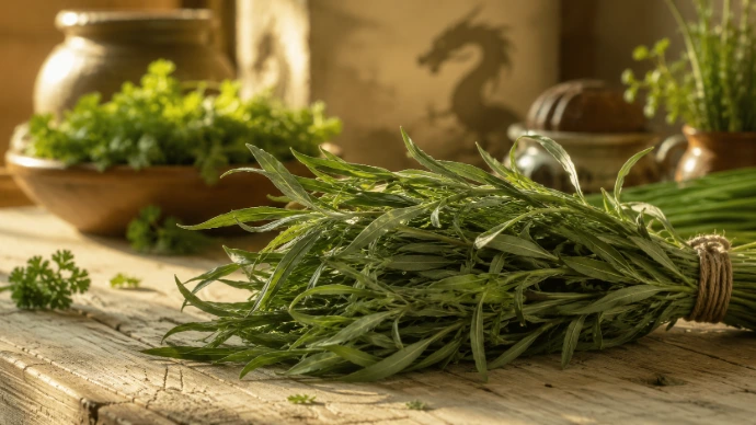 bouquet d’estragon frais en cuisine évoquant le petit dragon des herbes aromatiques