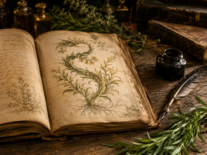 manuscrit botanique ancien avec estragon et évocation du dragon serpent